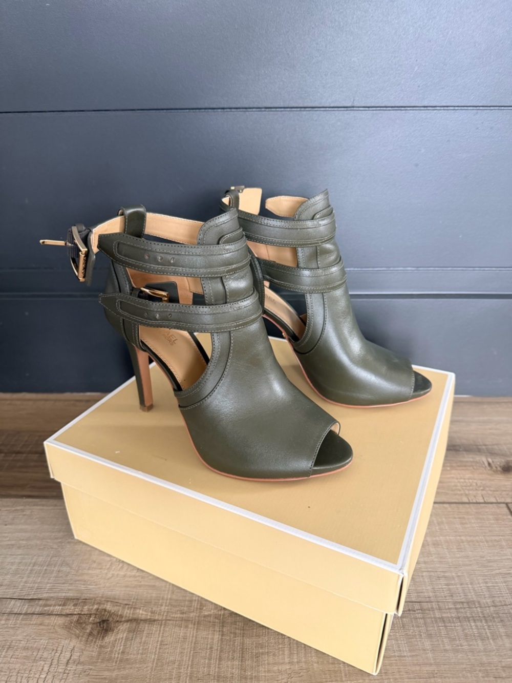 Michael Kors Olive Green Strappy Peep-Toe Heels